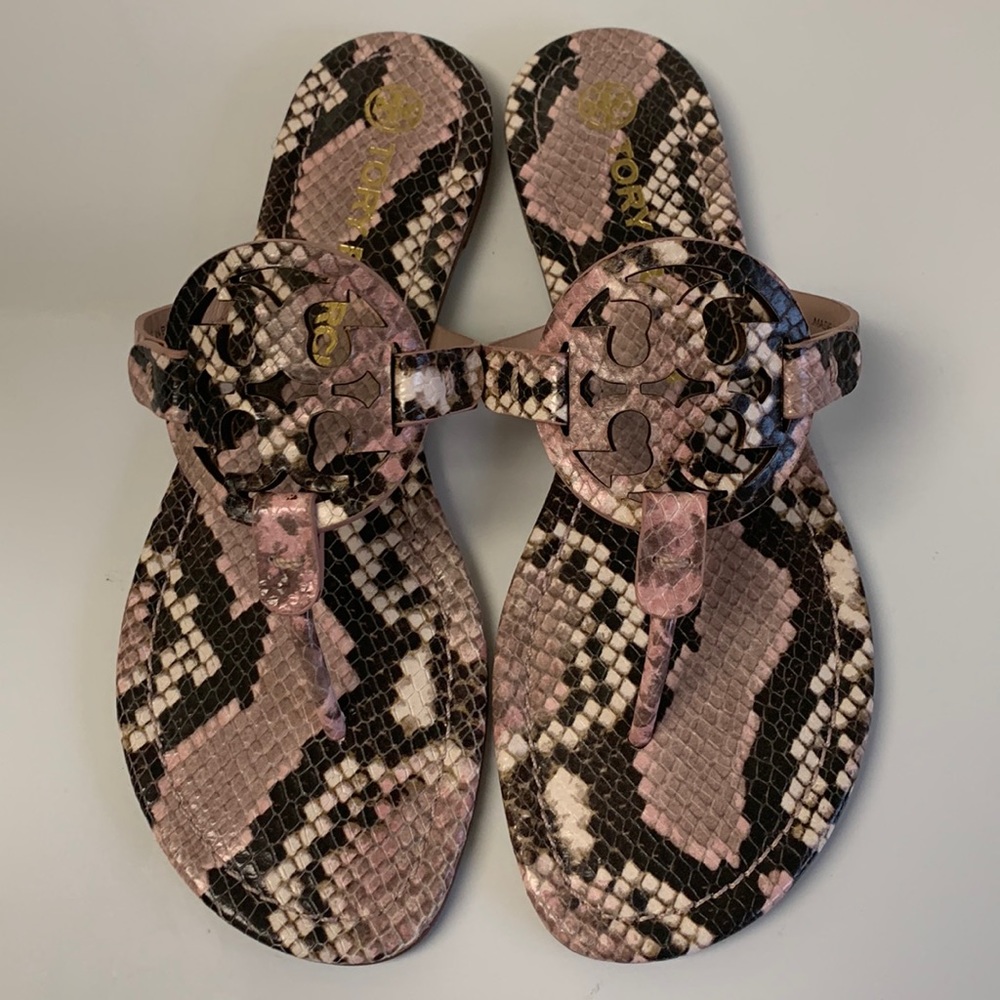 Miller Snakeskin-Embossed Pink Leather Thong Sandals